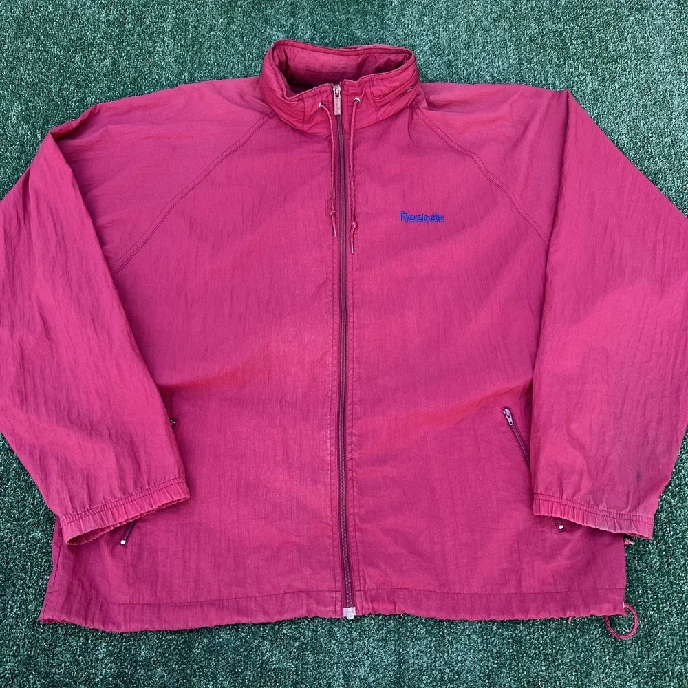 Vintage Reebok Windbreaker Men XL Burgundy Blue Nylon Hooded Boxy Sportswear 90s